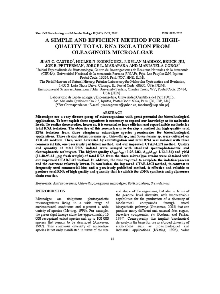 Castro Et Al. 2017. RNA Isolation Microalgae Iquitos | PDF | Polymerase ...