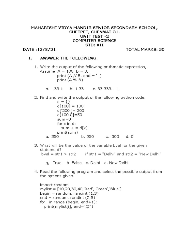 Computer Science Unit Test XII - Python | PDF | Comma Separated Values ...