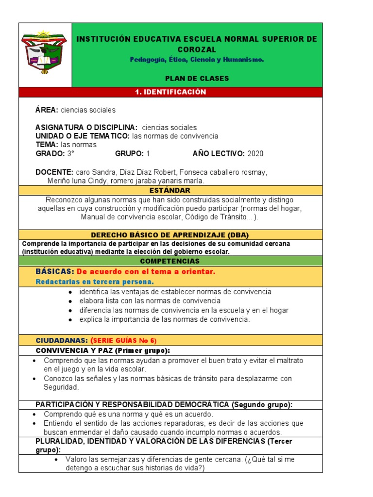 Plan de Clases Normas de Convivencia | PDF
