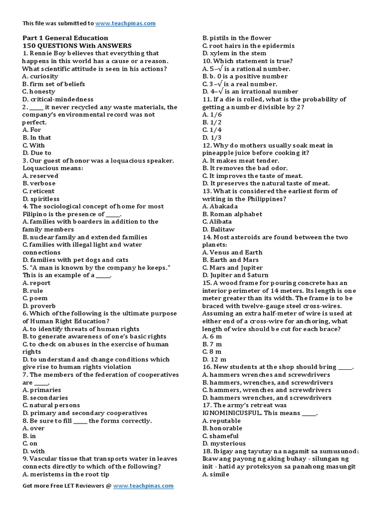 LET Review: 150 General Education Questions | PDF