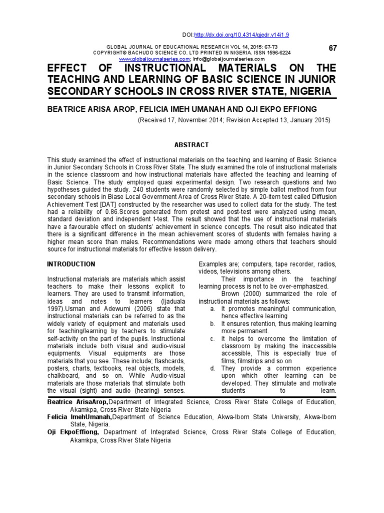 Effect of Instructional Materials On The Teaching and Learning of Basic ...