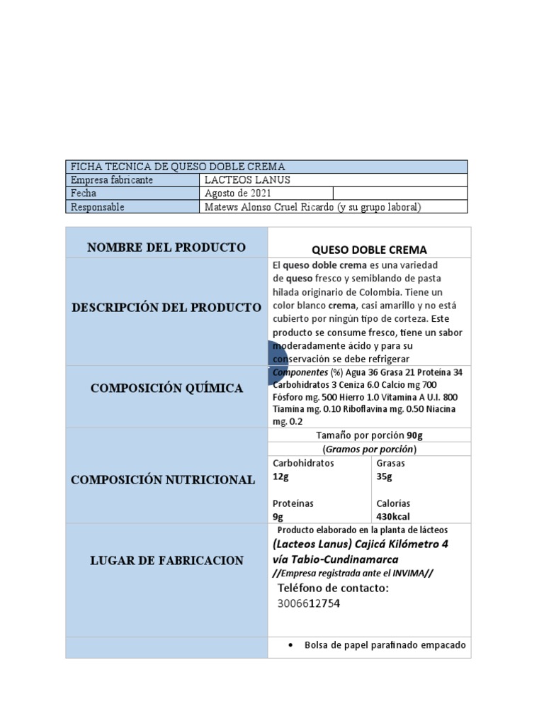 Ficha Tec Queso Crema PDF Leche Queso