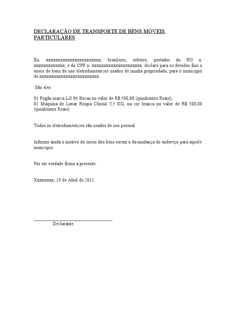 DECLARAÇÃO DE TRANSPORTE DE BENS MÓVEIS PARTICULARES