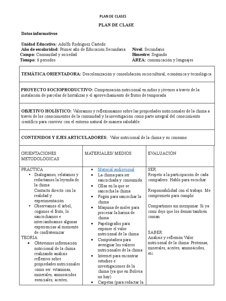 PLAN DE CLASES PLAN DE CLASE Datos Infor | PDF | Nutrición | Dieta y ...