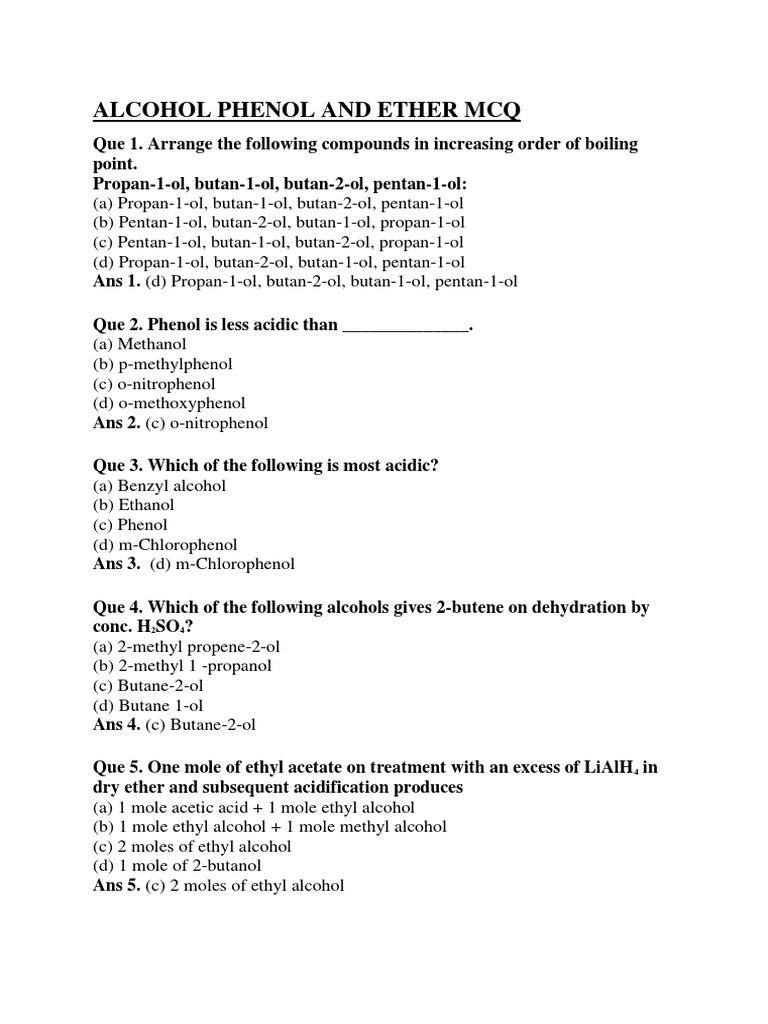 Alcohal, Phenol MCQ PDF Alcohol Ethanol