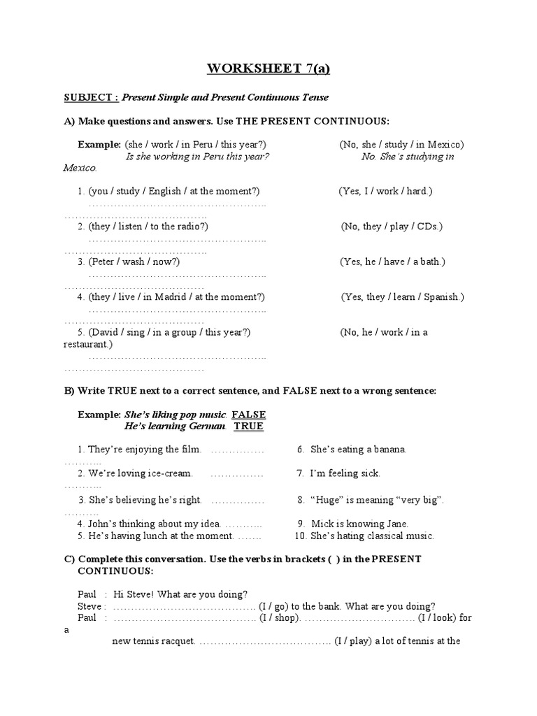 Present Simple vs Continuous Worksheet | PDF | Foreign Language Studies