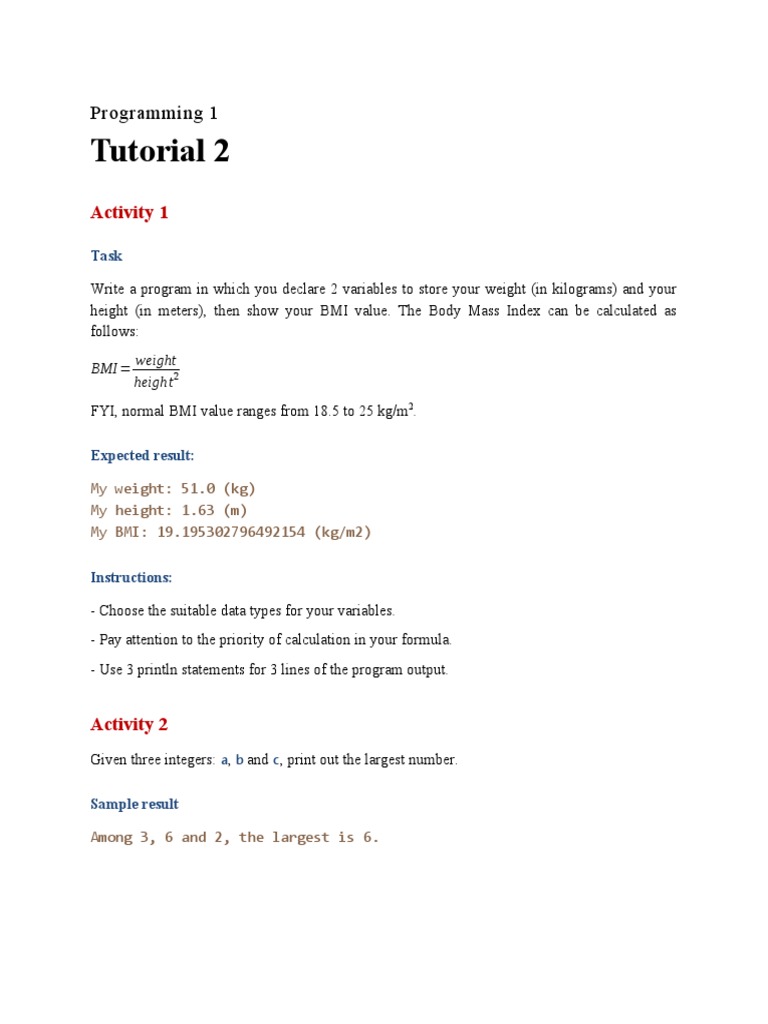 Tutorial 2 PDF Body Mass Index Java (Programming Language)