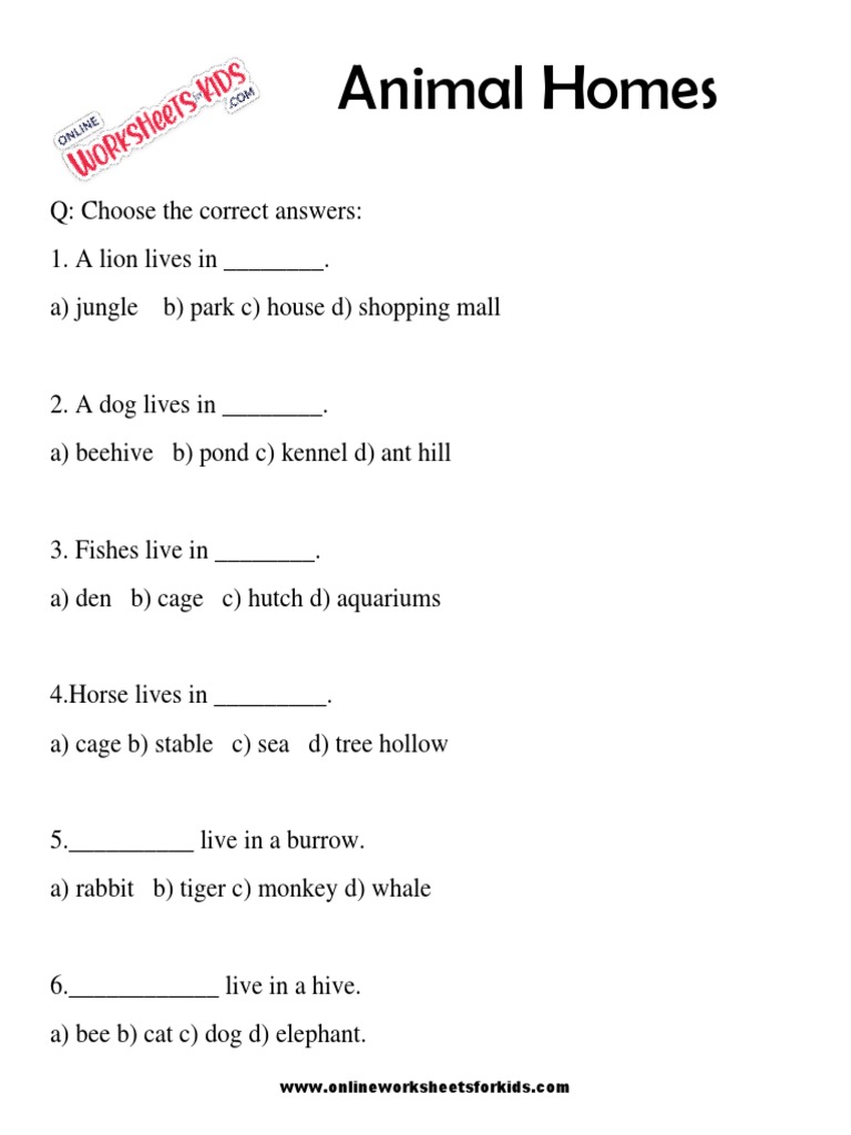 Animal Homes Worksheet For Grade 19 PDF