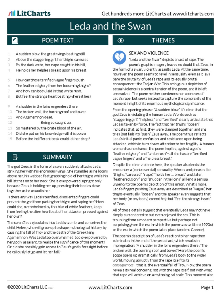 LitCharts Leda and The Swan PDF Poetry Trojan War
