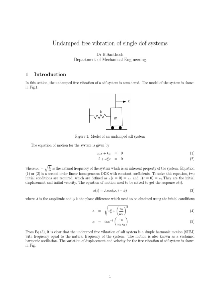 Undamped Free Vibration of Single Dof Systems: Dr.B.Santhosh Department ...