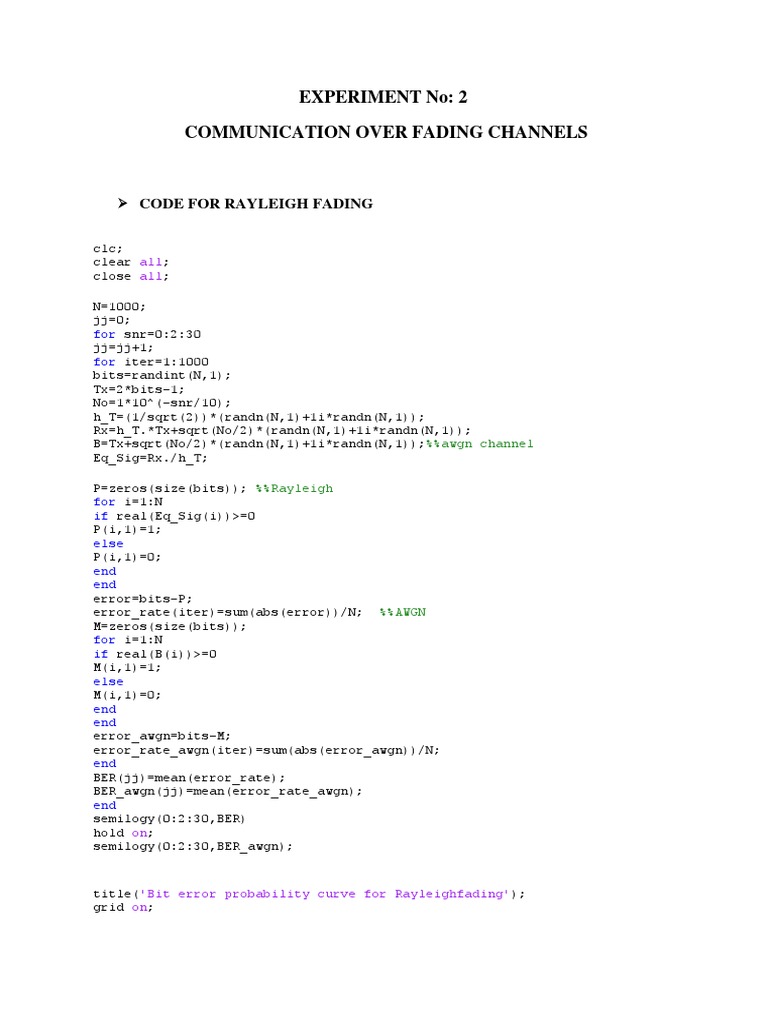 Experiment No 2 Communication Over Fading Channels Code For Rayleigh 