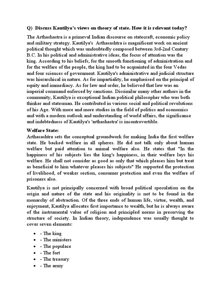 Q) Discuss Kautilya's Views On Theory of State. How It Is Relevant