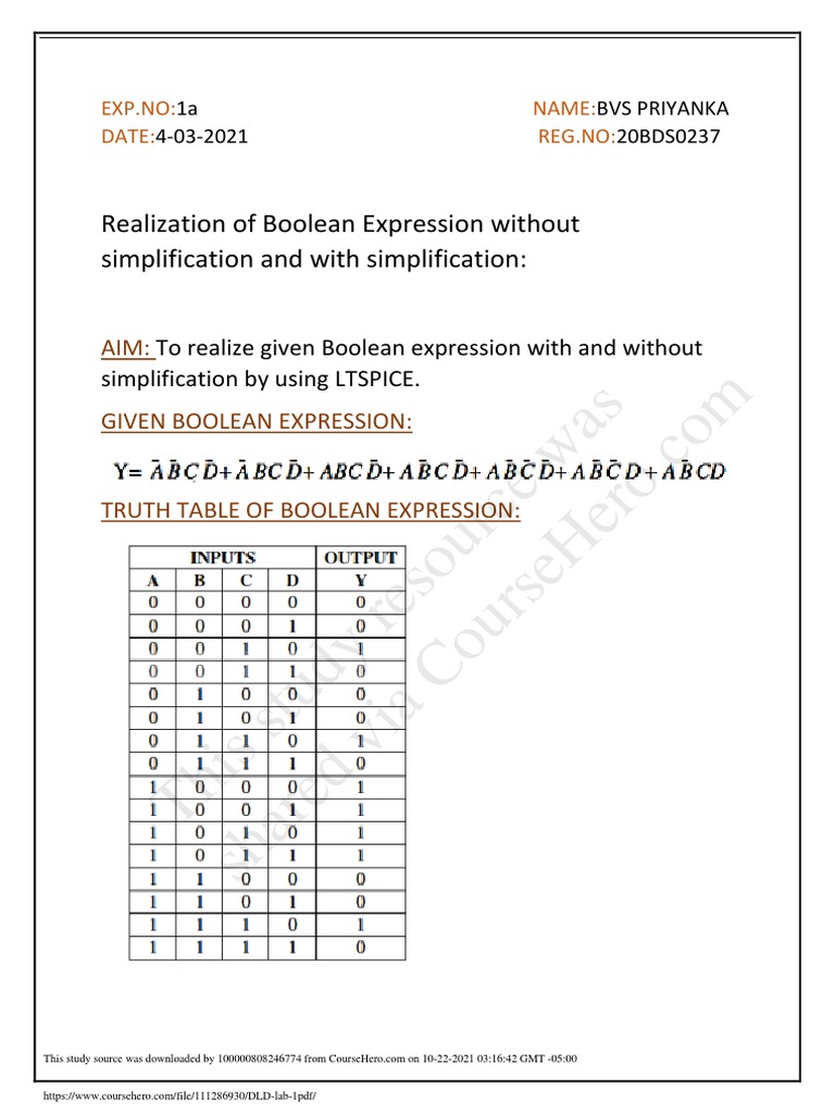 This Study Resource Was: Realization of Boolean Expression Without ...