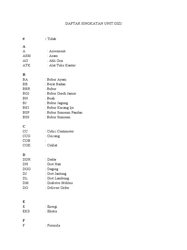 Daftar Singkatan Unit Gizi PDF