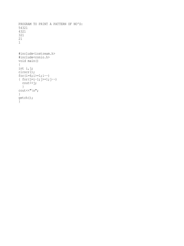 C Program for 54321 Number Pattern | PDF | Computers