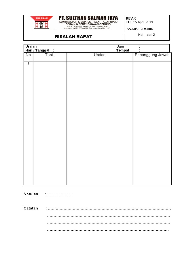 HSE-FM-006 Risalah Rapat | PDF | Pengelolaan Keuangan & Uang