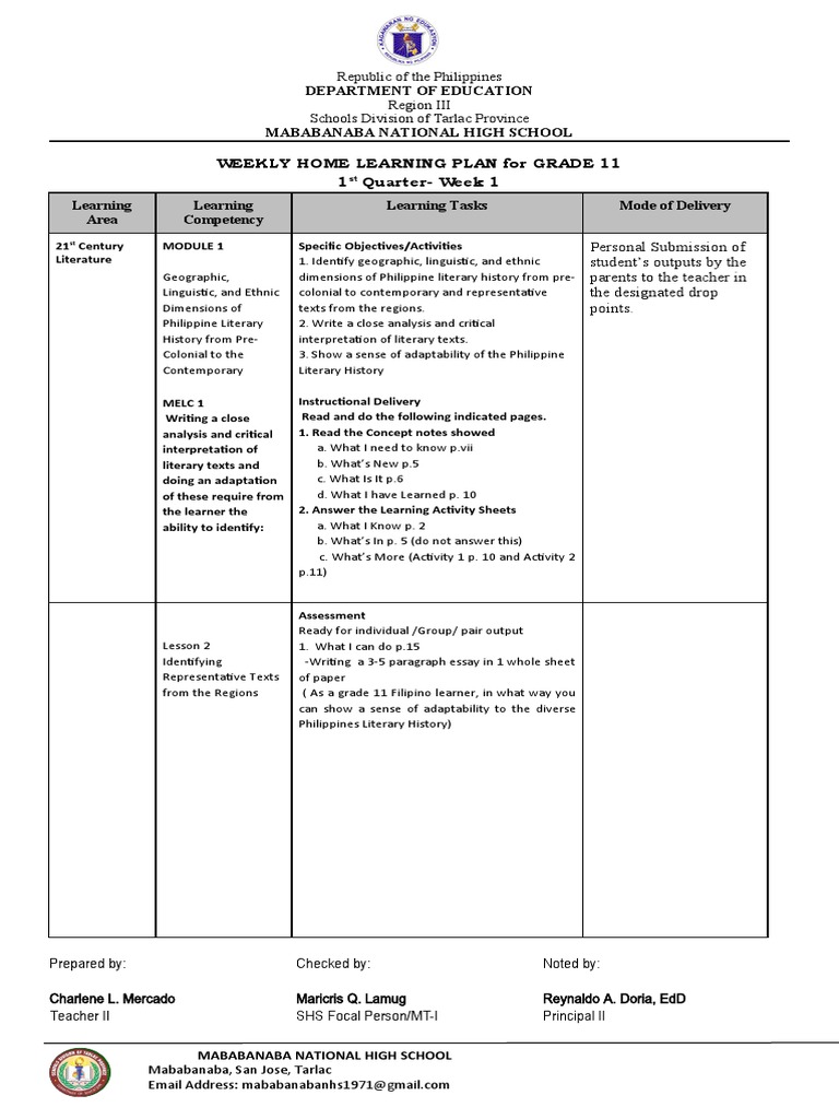 Grade 11 Weekly Learning Plan: Literature | PDF | Learning ...