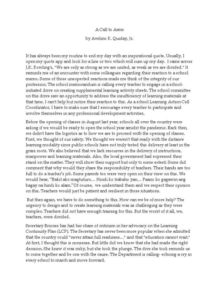 edtAVELINO R QUIDAY JR A CALL TO ARMS PDF