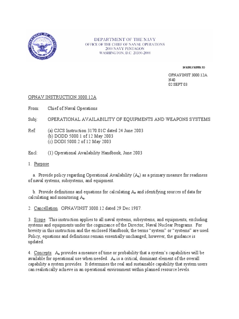 OPNAVINST 3000.12A N40 02 SEPT 03: in Reply Refer To | PDF | Reliability  Engineering | System