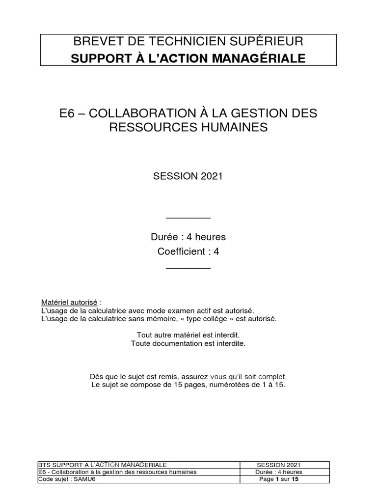 Bts Sam Collaboration à La Gestion Des Ressources Humaines Corrigé Support À L'Action Managériale: Brevet de Technicien Supérieur | PDF |  Gestion des ressources humaines | Emploi