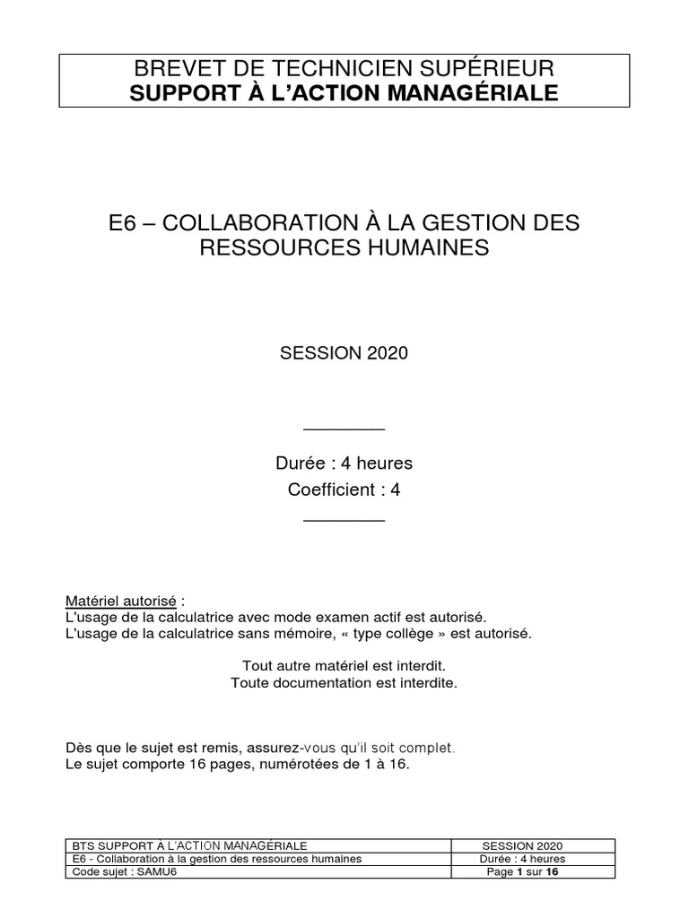 Bts Sam Collaboration à La Gestion Des Ressources Humaines Corrigé 2020 Bts Sam E6 Sujet-2 | PDF | Application | Gestion des ressources  humaines