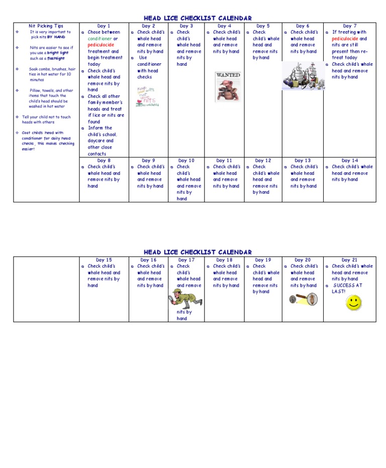 Lice - Head Lice Checklist Calendar Revised October 2017 | Download ...