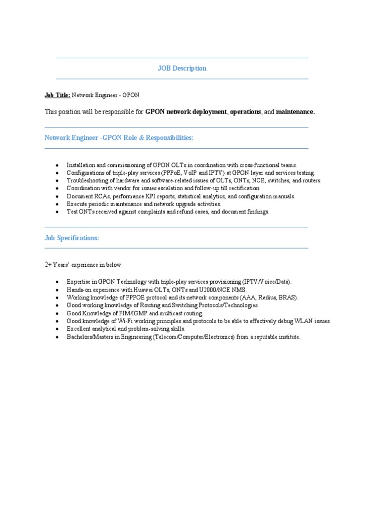 JD - Network Engineer (Sonic Fiber) | PDF
