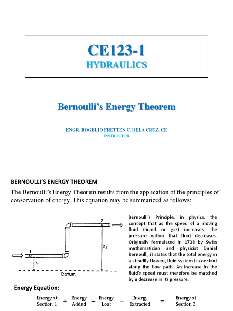 Bernoulli's Energy Theorem Explained | PDF | Pump | Continuum Mechanics