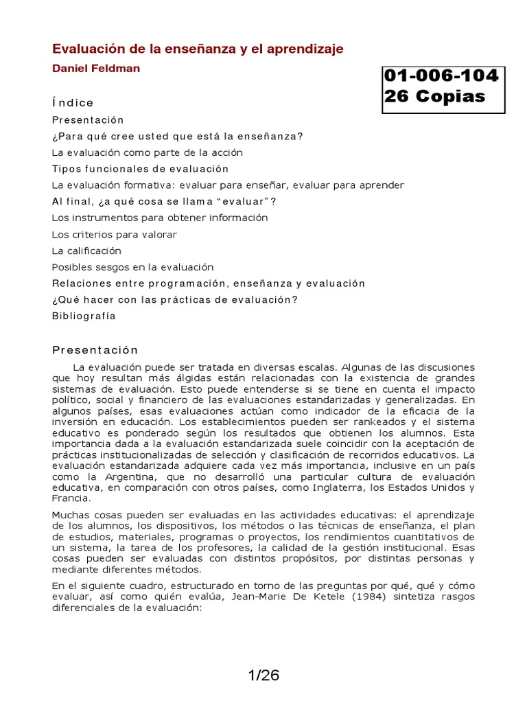 Feldman - Evaluación de La Enseñanza y El Aprendizaje (Mimeo) | PDF ...