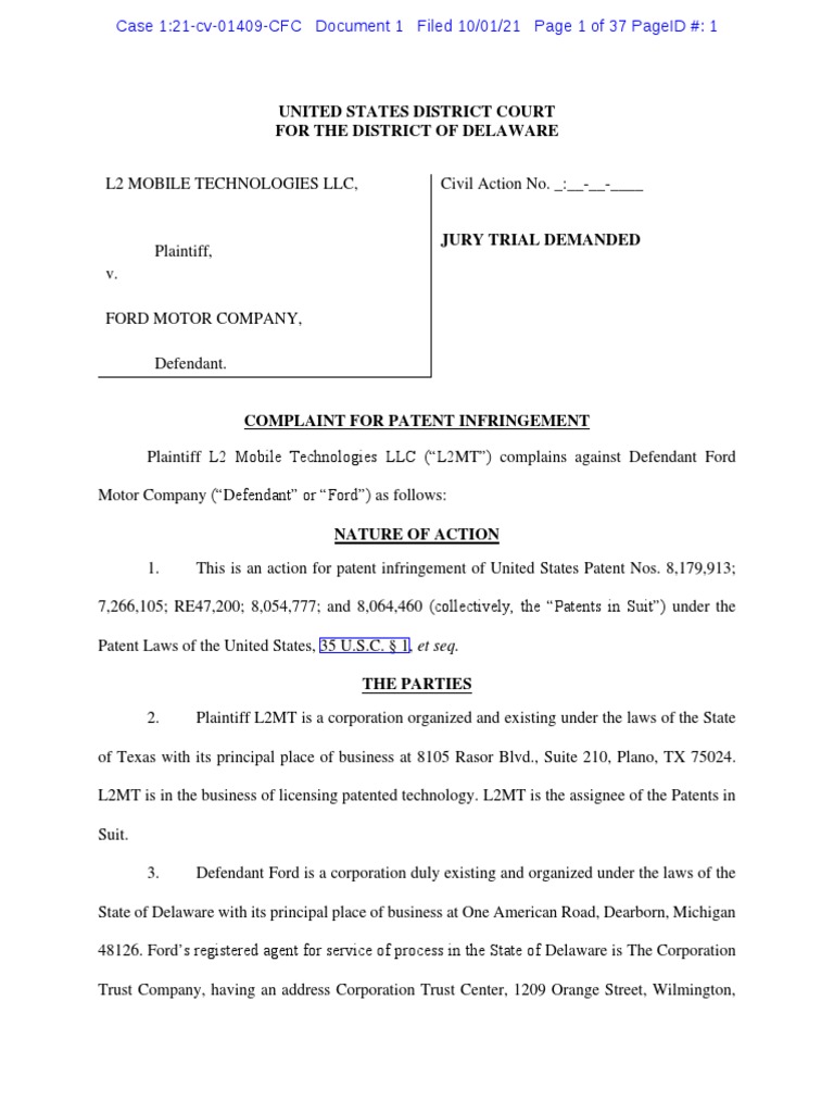 211001 L2 Mobile Technologies v. Ford Motor Company Patent Complaint PDF Patent Doctrine