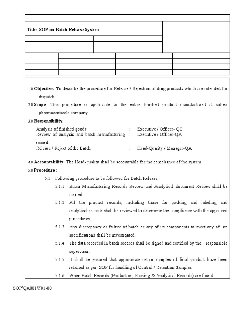 033 SOP on Batch Release System Quality Assurance Production And