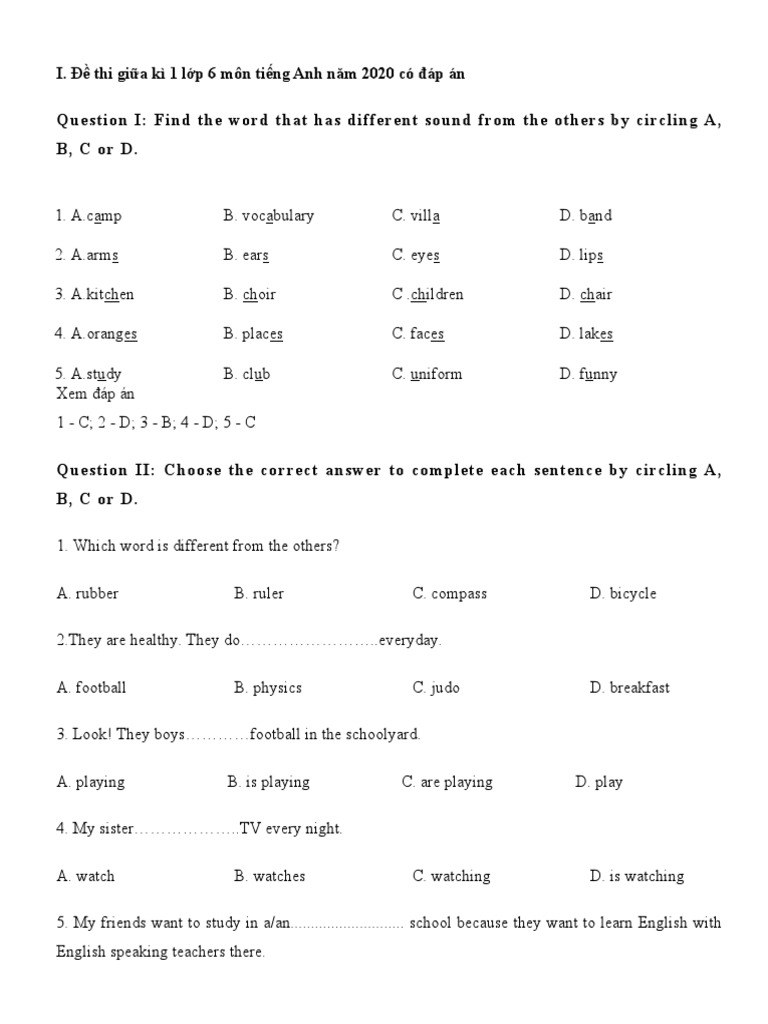 Bo de Thi Giua Hoc Ki 1 Mon Tieng Anh Lop 6 Co Dap An | PDF | Vietnam