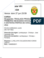 Pase laboral vehicular V91 para traslado de productos avícolas