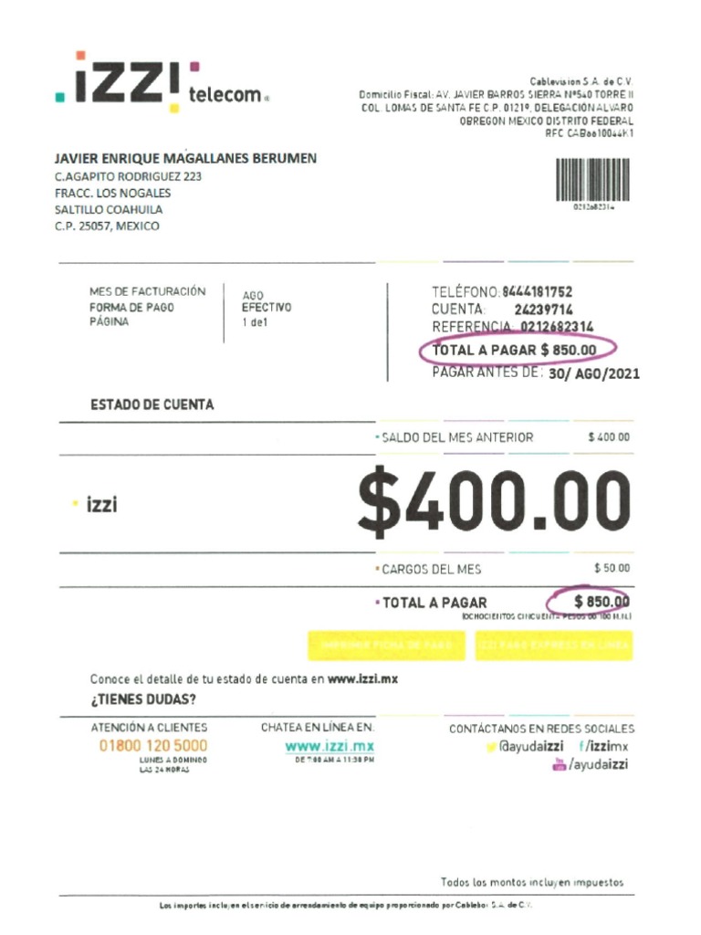 Formato Recibo Izzi 2021 Oct Coahuila | PDF