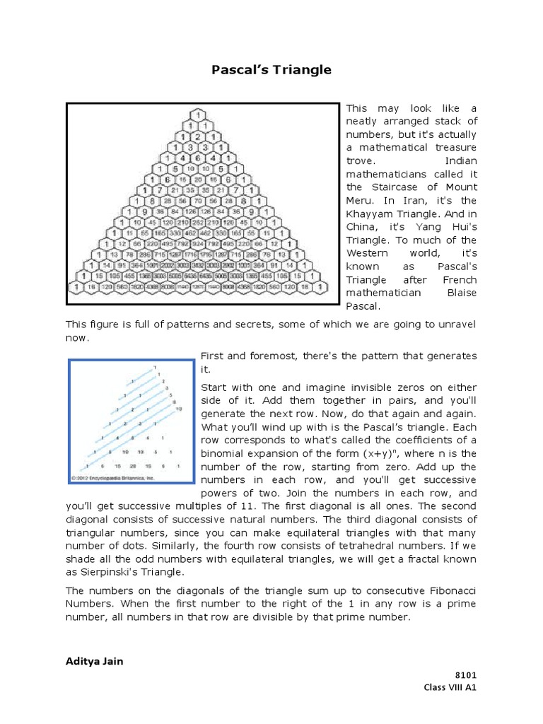 Pascal's Triangle: 8101 Class VIII A1 | PDF | Discrete Mathematics ...