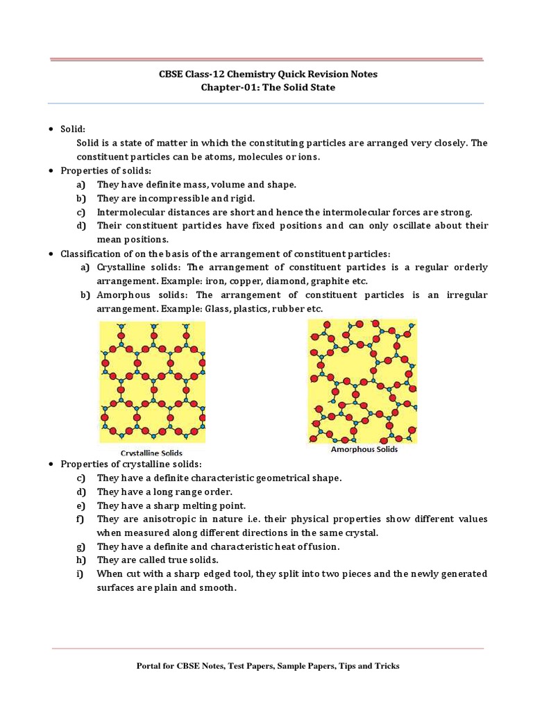 12 Chemistry Notes Ch01 The Solid State | PDF | Crystal Structure ...