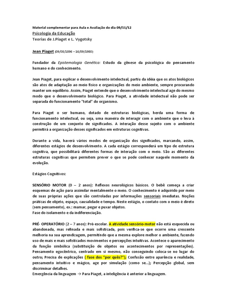 Teorias de Piaget e Vygotsky na Educação | PDF | Aprendizado | Pensamento
