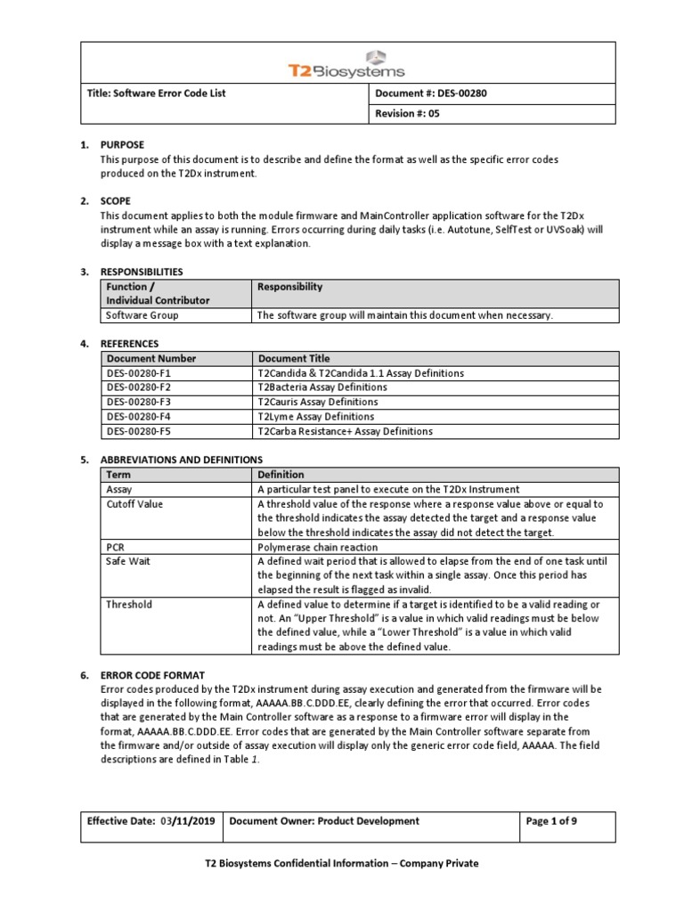 T2Dx Error Codes Guide | PDF | Polymerase Chain Reaction | Assay