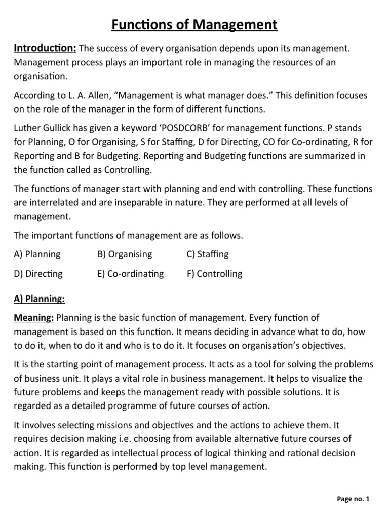 Functions of Management | PDF | Resource | Goal