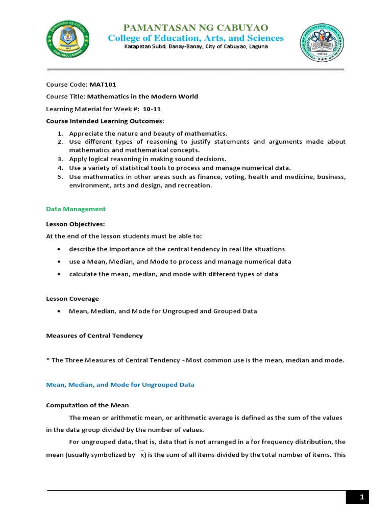 Week 10-11 Lesson On MAT101 | PDF | Mean | Mode (Statistics)
