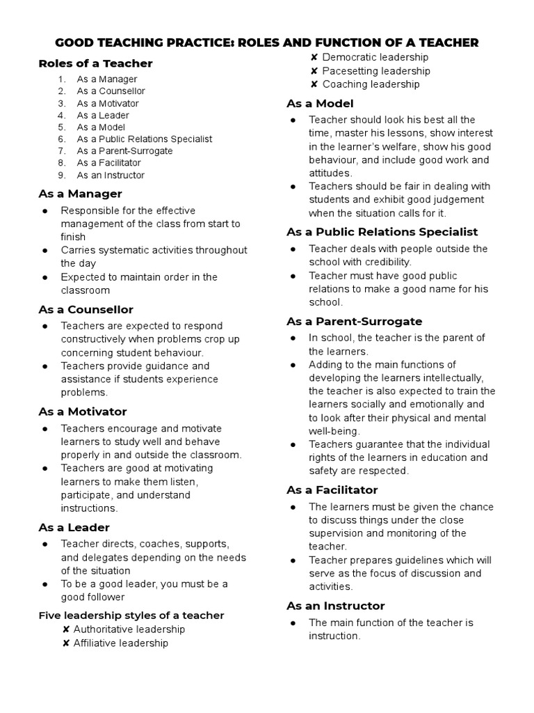 Teacher Roles & Effective Practices | PDF | Teachers | Learning