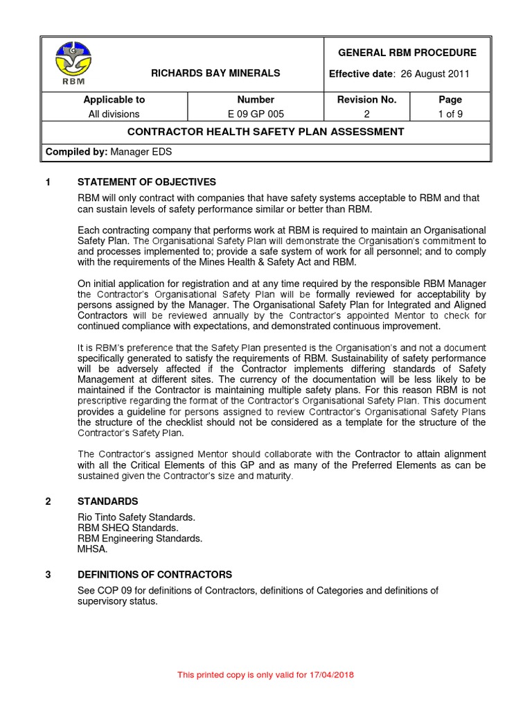 E 09 GP 005 Contractor Health and Safety Plan Assessment | PDF ...