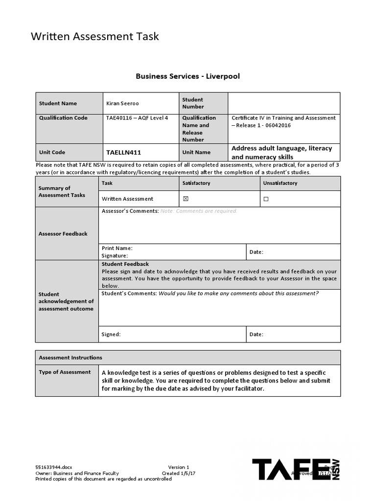 TAELLN411 Set 1 Written Assessment | PDF | Learning | Facilitator