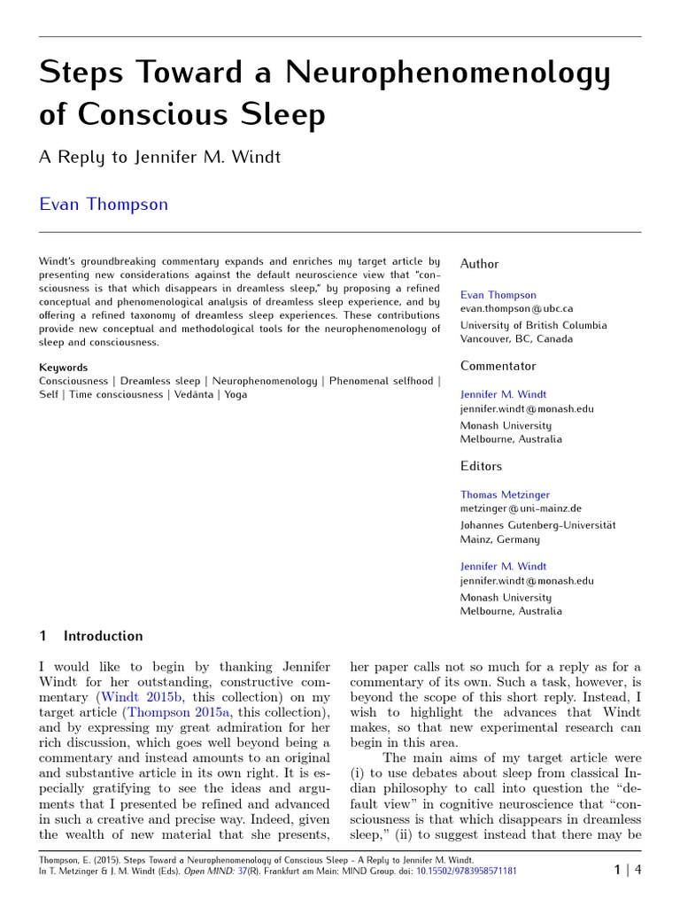 Neurophenomenology of Dreamless Sleep | PDF | Consciousness | Experience