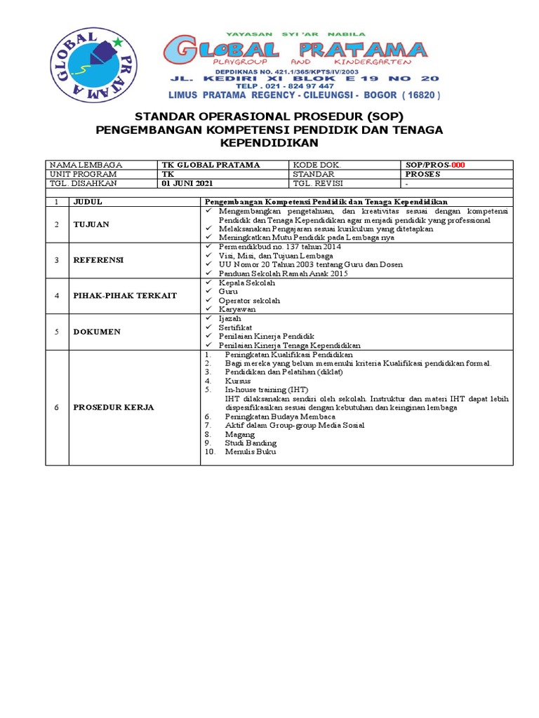 Sop Pengembangan Kompetensi Pendidik Dan Tenaga Kependidikan | PDF