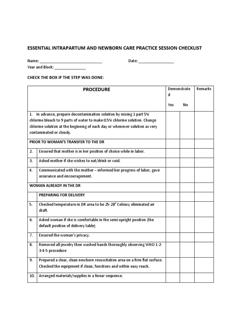 Essential Intrapartum and Newborn Care Practice Session Checklist | PDF ...