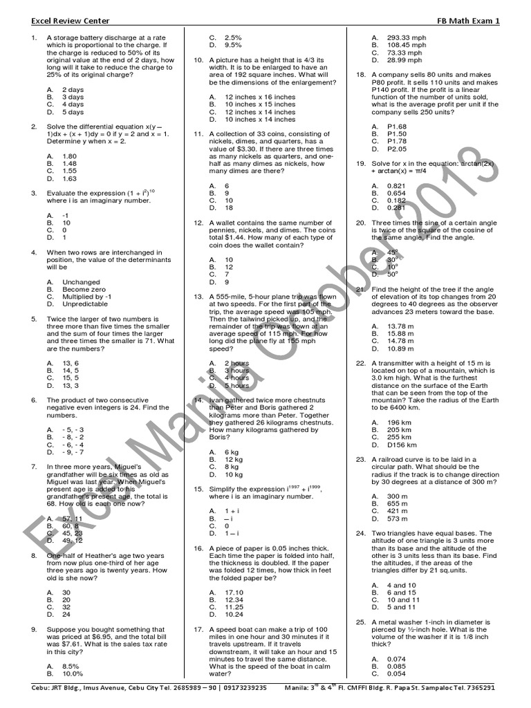 FB Math Exam Review Questions | PDF | Ellipse | Area