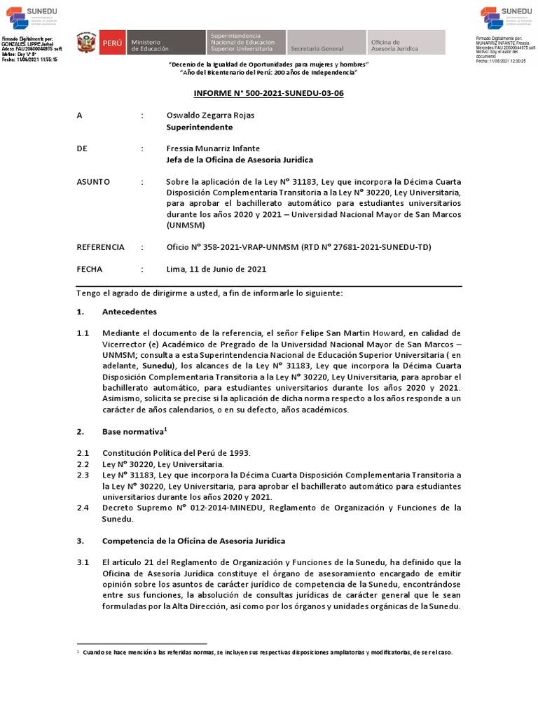 Ley 31183 Bachiller Automatico PDF Universidad Regulación