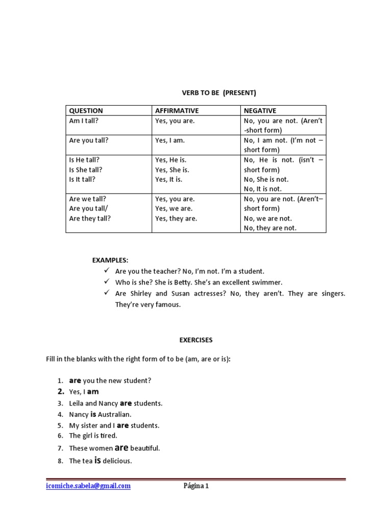 Verb To Be (Present) Affirmative Negative: Are Is | PDF
