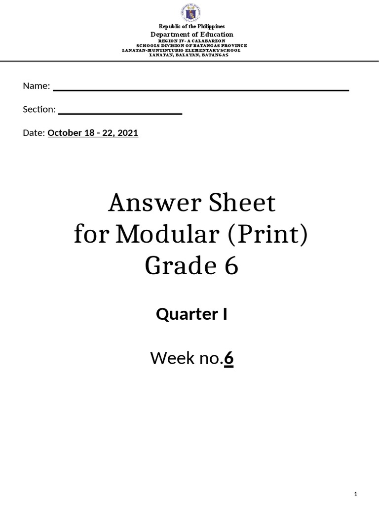 Anwer Sheet Week 6 Ist Quarter 1 | PDF | Scrapbooking